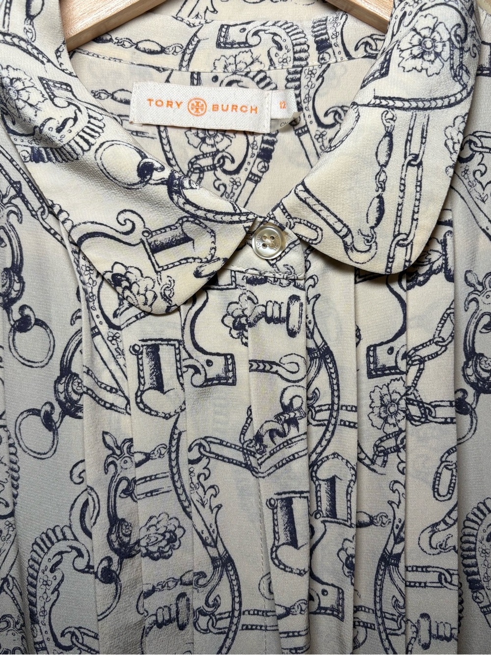Tory Burch Equestrian Print Tunic Dress Silk Blend Cream Navy Horsebit Preppy - Picture 12 of 13